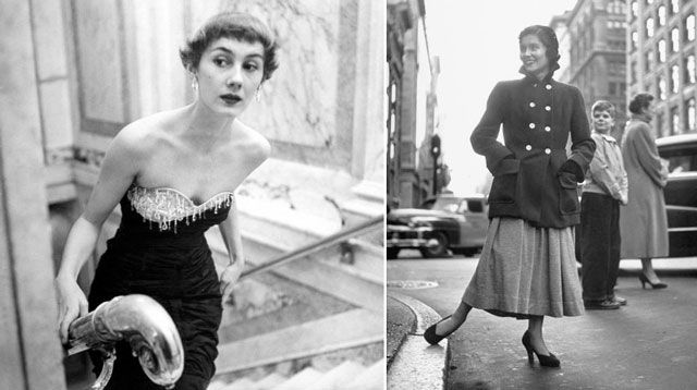 Left: "Shari Herbert, one of New York's top models, wearing tight grape taffeta gown by Schiapparelli featuring a separate flesh-colored bra that drips sequins & pearls" and Right: coat on 5th Avenue